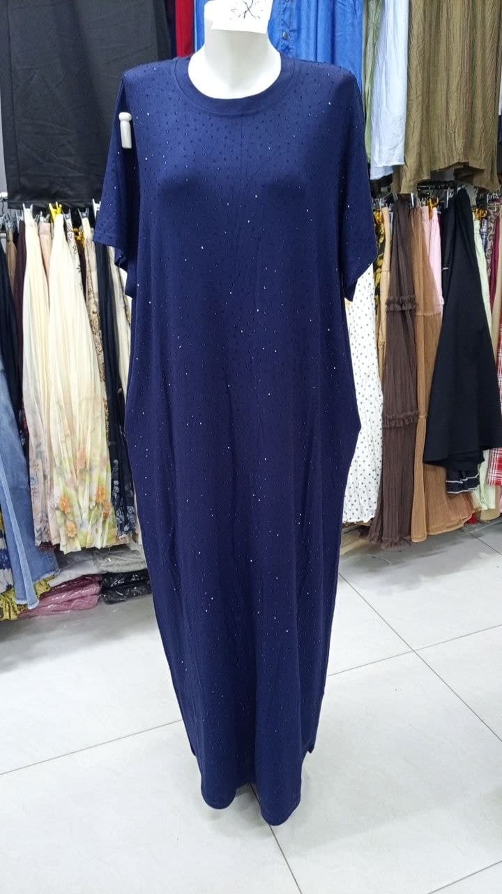 Toshli maksi libos — to'q ko'k, kalta yengli