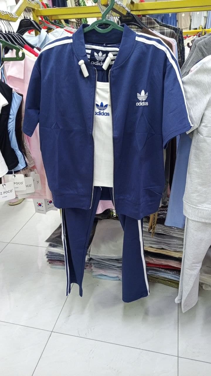Adidas sport kostyum — ko'k, zamokli kofta, mayka va shim